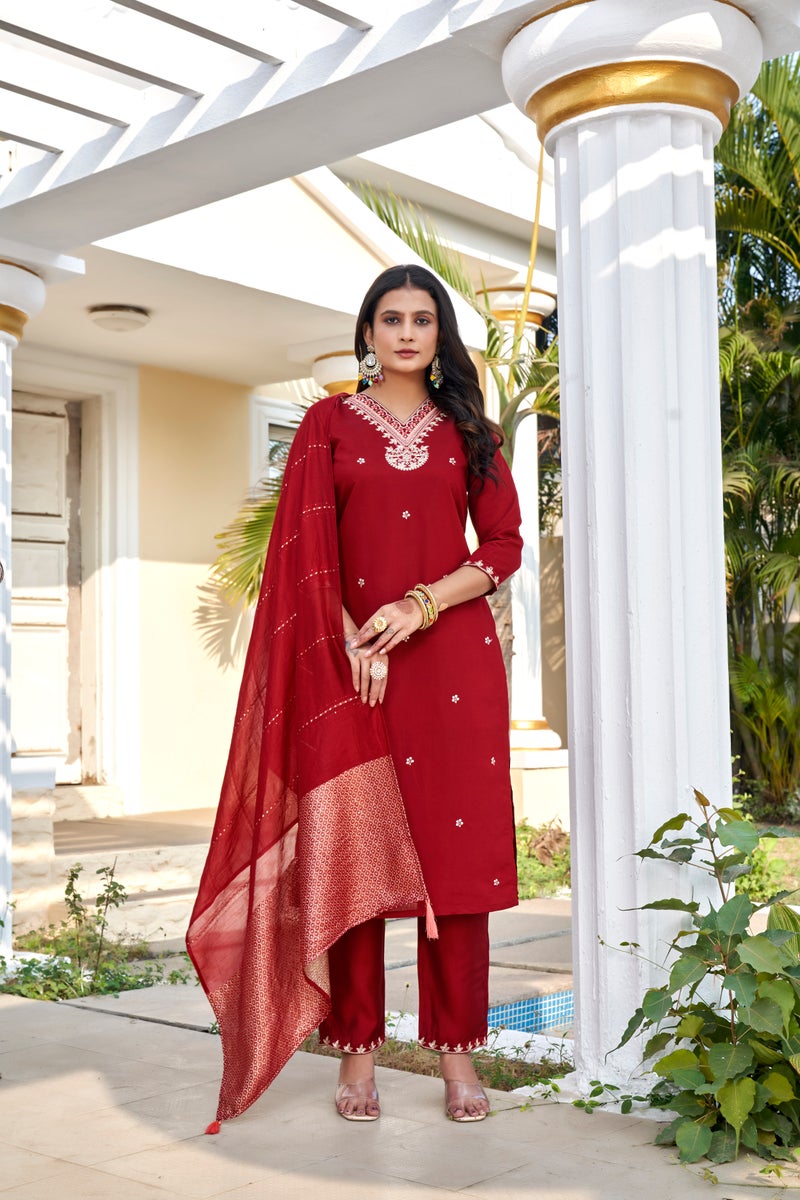VISHVA CREATION Maroon Embroidered Kurta Set for Women - Image 1